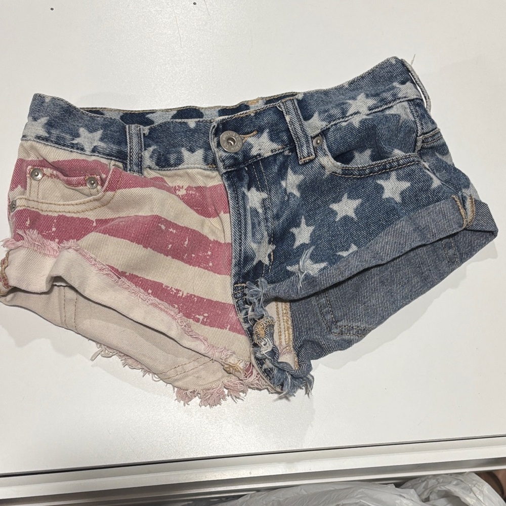 Bullhead Blue and Red Star-Stripe Jean Shorts